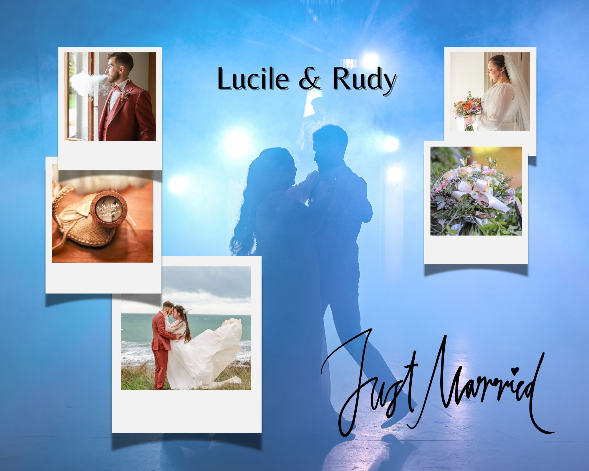 Montage photo célébrant le mariage de Lucile et Rudy sur un fond bleu montrant leur silhouette en train de danser. L'image comprend la mention "Just Married" et cinq photos style Polaroïd illustrant les mariés, les alliances et le bouquet.