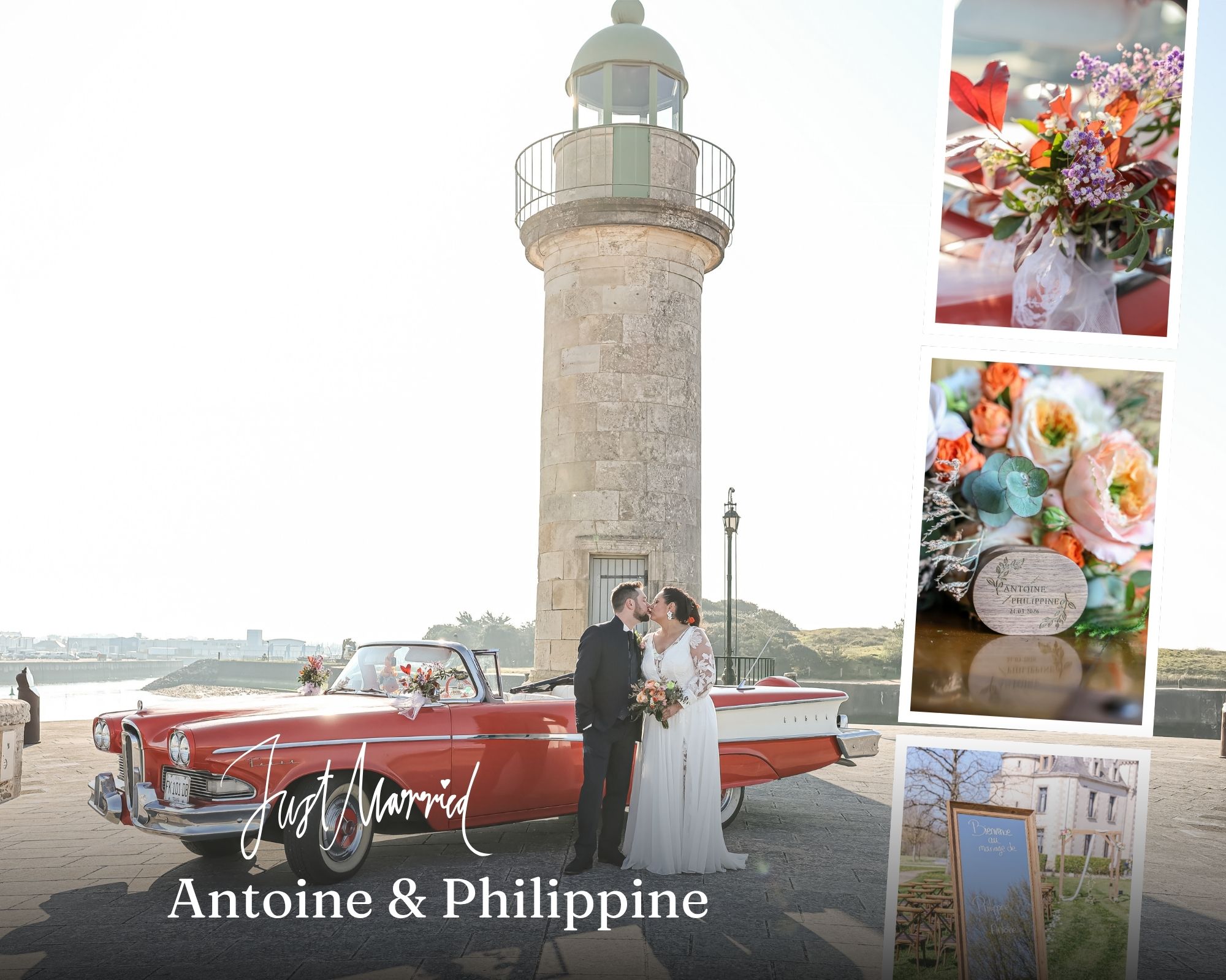 Antoine et Philippine Saint-Gilles-Croix-de-Vie Au centre, un marié en costume sombre et une mariée en robe de dentelle blanche s'embrassent devant une voiture décapotable rouge vintage et un phare en pierre. En bas à gauche, le texte 'Just Married' (Manuscrit) et 'Antoine & Pilipine' (Sérif) est superposé. Sur le côté droit, trois encadrés montrent des détails : une décoration florale sur la voiture, des alliances gravées dans une boîte en bois, et l'installation de la cérémonie en plein air.
