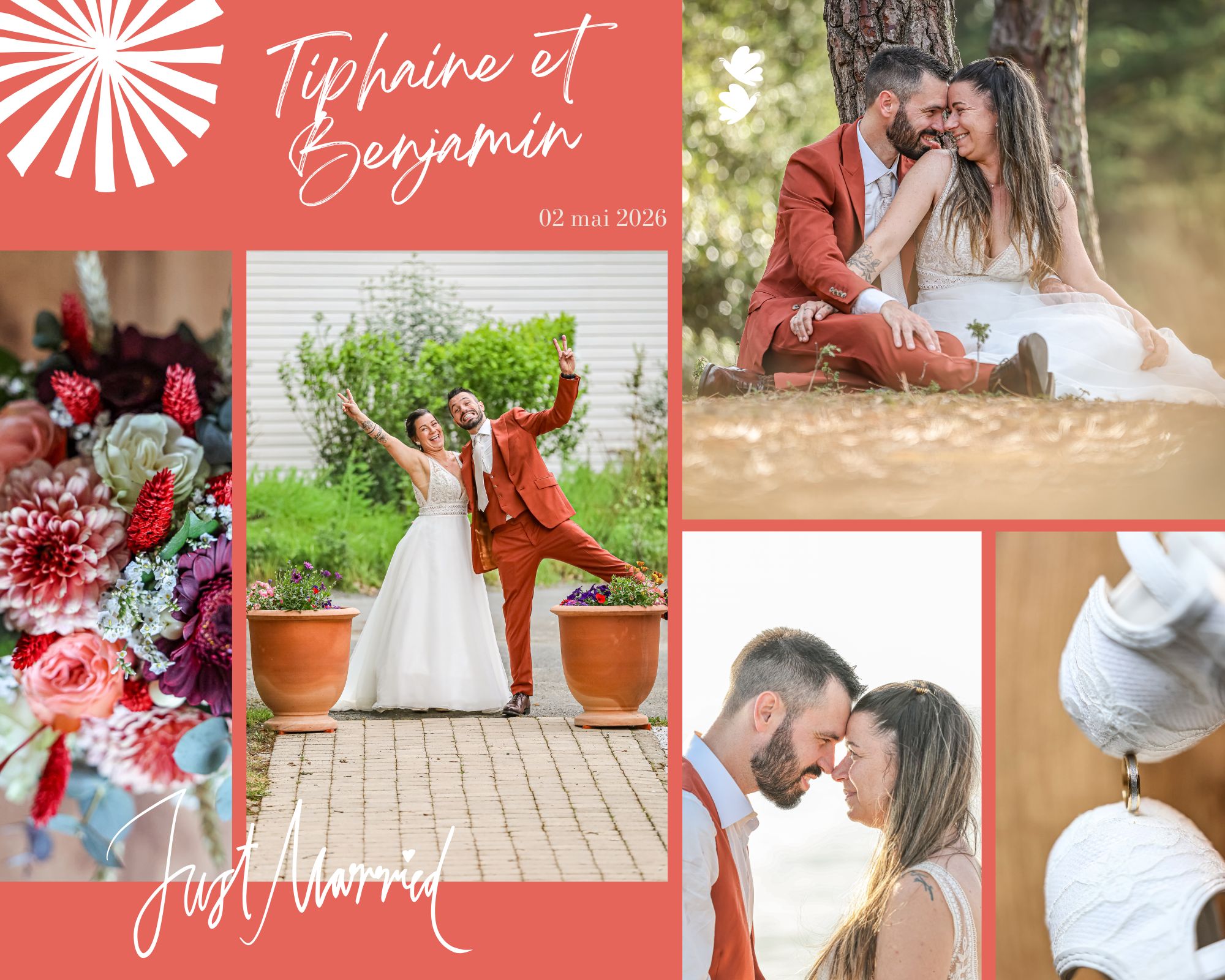 Tiphaine & Benjamin Collage des photos de mariage de Tiphaine et Benjamin, le 2 mai 2026. On y voit le couple dans des poses à la fois joyeuses et romantiques, des gros plans du bouquet bien coloré, avec des touches de rouge et de pêche, les alliances posées à côté d’une sandale de mariée en dentelle ornée de bijoux. Des textes manuscrits viennent compléter le tout : "Tiphaine et Benjamin" et "Just Married".